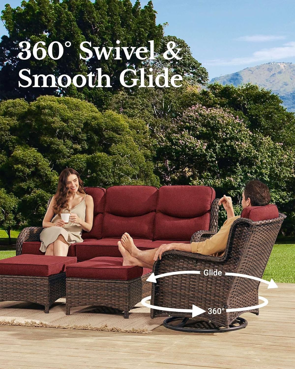 HILLGA Luxury Patio Furniture Set with 6-inch Thick Cushion, Outdoor Couch and High Back Swivel Rocker Patio Chairs, 7PCS Wicker Conversation Set for Deck Yard and Poolside, Burgundy (V2)