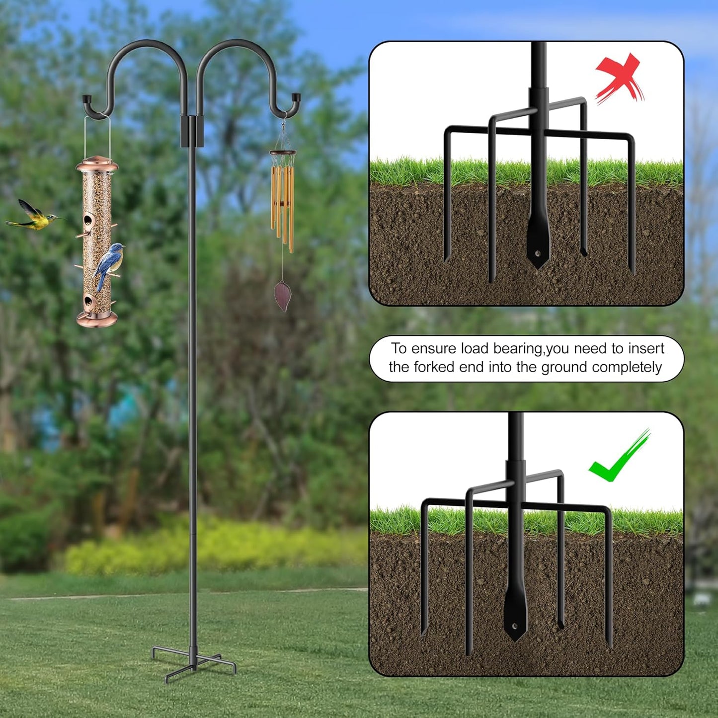Highpro Double Shepherds Hooks for Outdoor, 2 Pack 79 Inch Heavy Duty Garden Pole for Hanging Bird Feeder, Bird Feeder Hook Plant Baskets,Garden Plant Hanger Stands with 5 Base Prongs