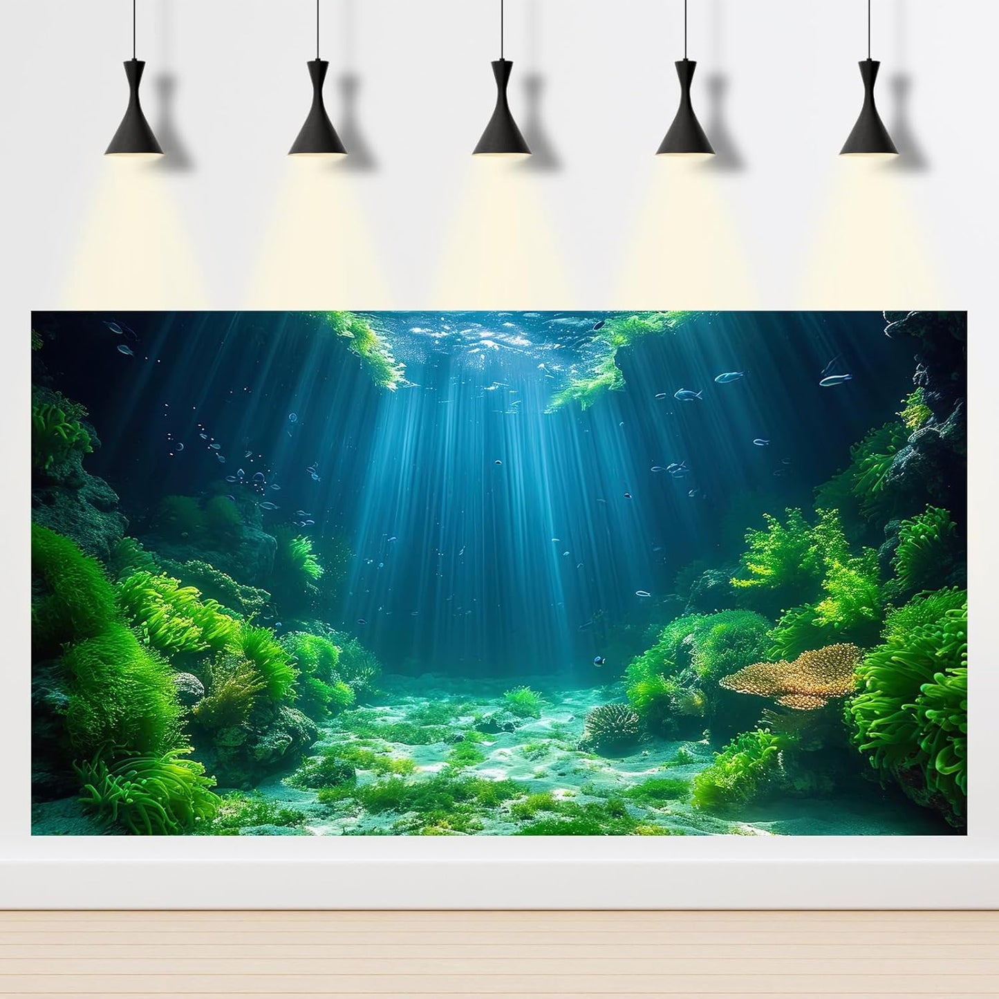 Aquarium Background Aquatic Plants Soft Algae Terrarium Backdrop Underwater World Fish Rock with Moss Sunlight Rays Fish Tank Background Aquarium Wallpaper Poster Decor Vinyl 36x20in