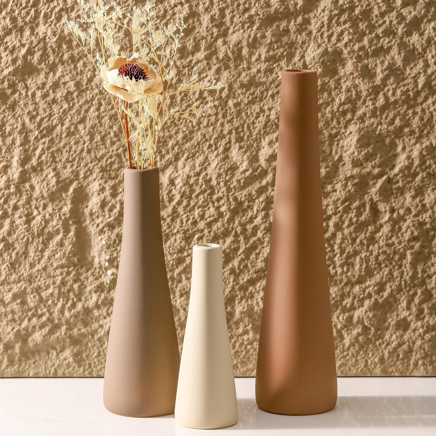 Ceramic Vase Set of 3, Modern Farmhouse Vases Home Decor Neutral Pottery Vase Pampas Grass Flower Vases for Home Decoration Room Decor Table Entryway Living Room Centerpieces Mantel Decor - Brown