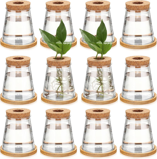 Baderke 12 Packs Plastic Desktop Vase with Hole Lid and Bamboo Stand Plant Propagation Stations Plant Growing in Water Hydroponic Home Office Table Decoration (Fresh Style)