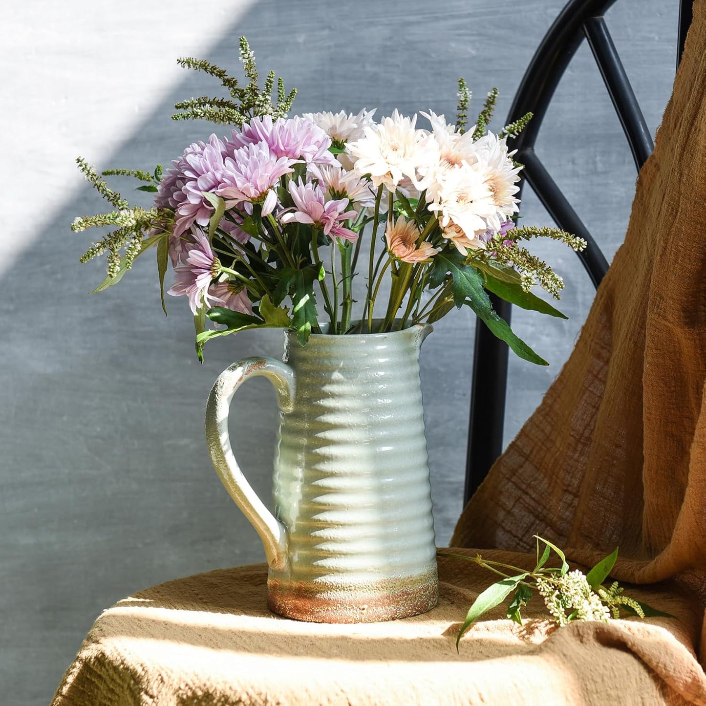 Quoowiit Ceramic Rustic Vase with Handle, Green Distressed Decorative Farmhouse Pitcher Vase for Home Decor Living Room Bedroom Kitchen Office Shelf Decor Centerpiece Table Decoration