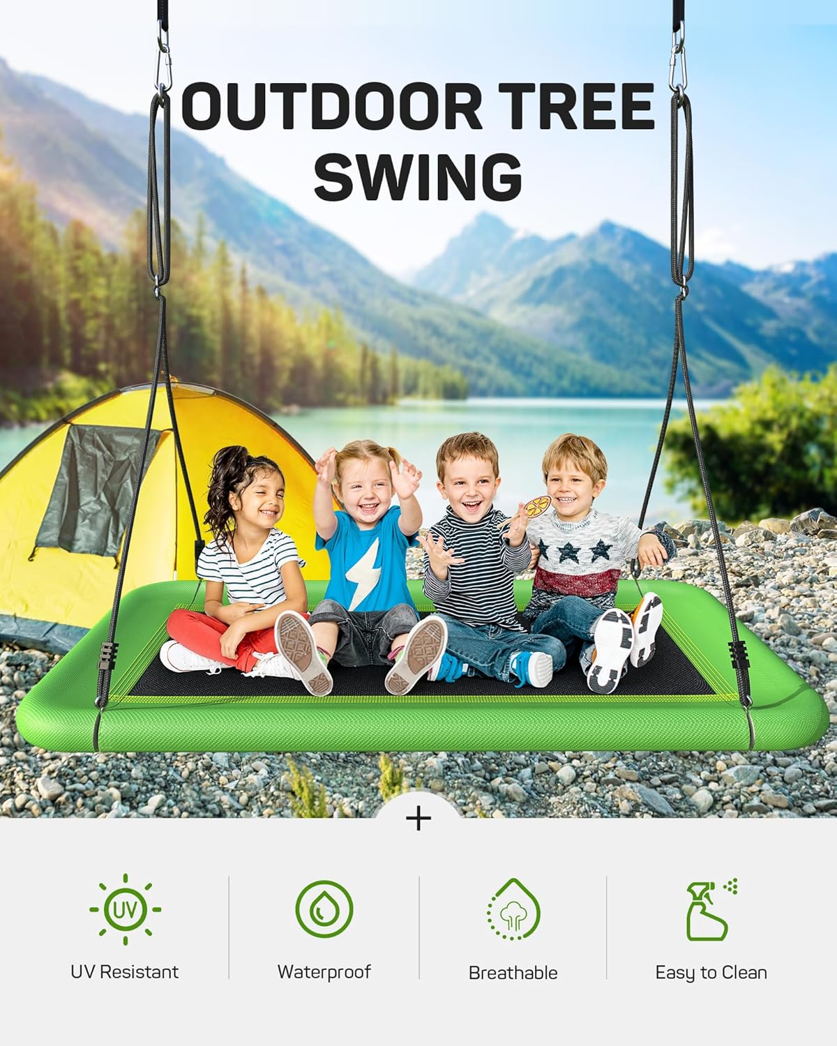 Tree Swing for Kids and Adults, 60" Waterproof Rectangle Platform Swing, 700lbs Heavy Duty with Adjustable Straps, Green