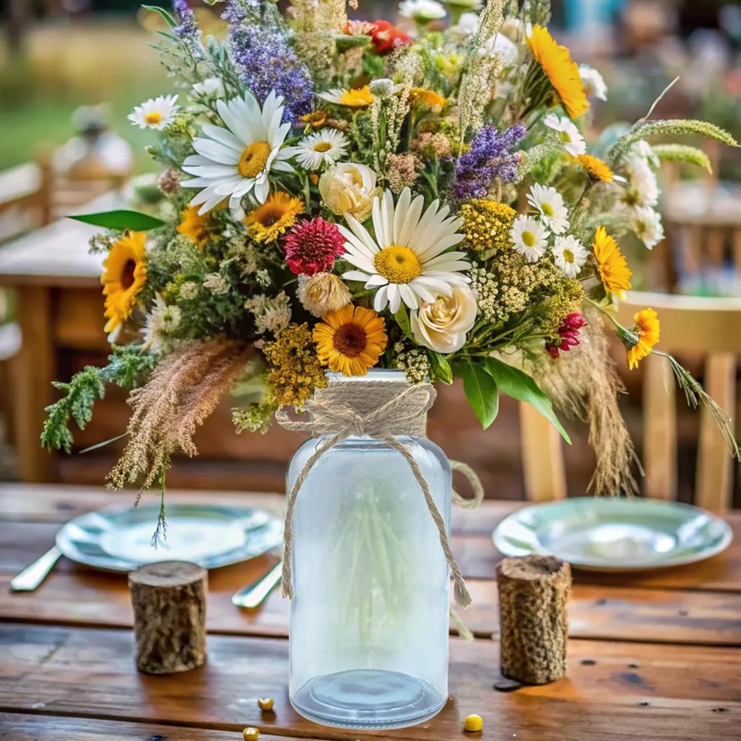 Vintage Glass Flower Vase，6 Pack Blue Farmhouse Glass Centerpiece Vases Mason Jars for Weddings, Parties & Home Decor Bulk (6, Blue)