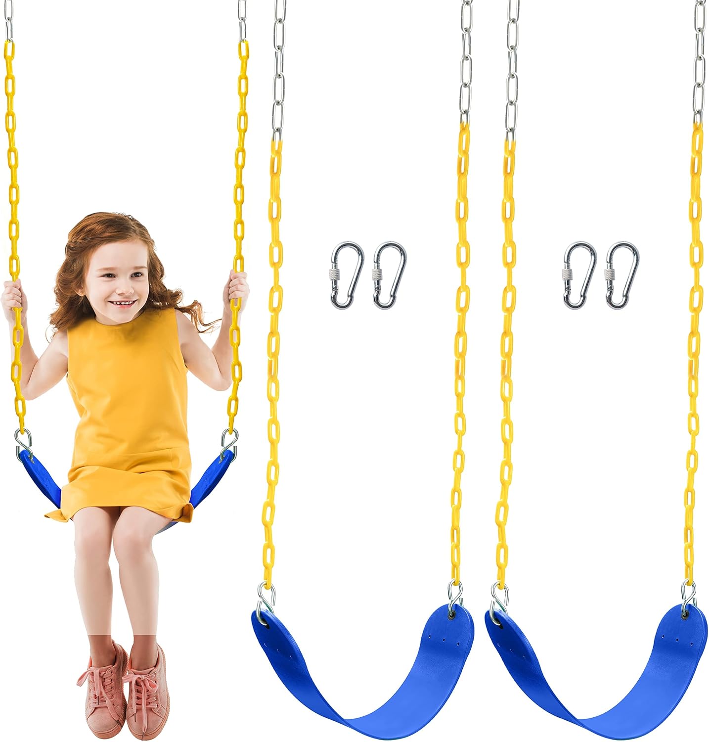 TURFEE 2 Pack Swing for Outdoor Swing Set, Swing Seat Replacement Kit with 66" Heavy Duty Chains, 4 Snap Hook for Kids Outdoor Play Playground, Trees, Playground (Blue)