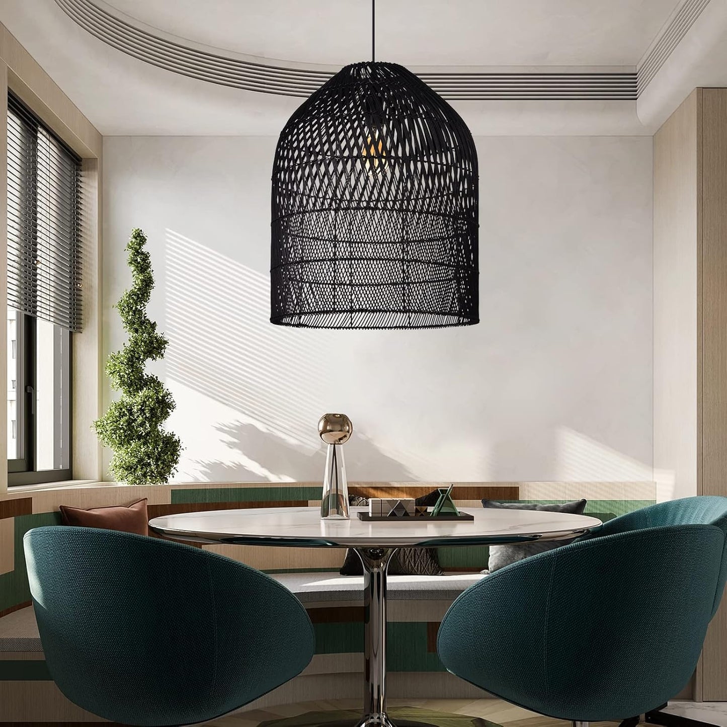 Arturesthome 1 Light Wicker Bell Pendant Lamp, Design Basket Rattan Woven Pendant Light Shades, Handmade Hanging Ceiling Lights Crafts Lampshade Black