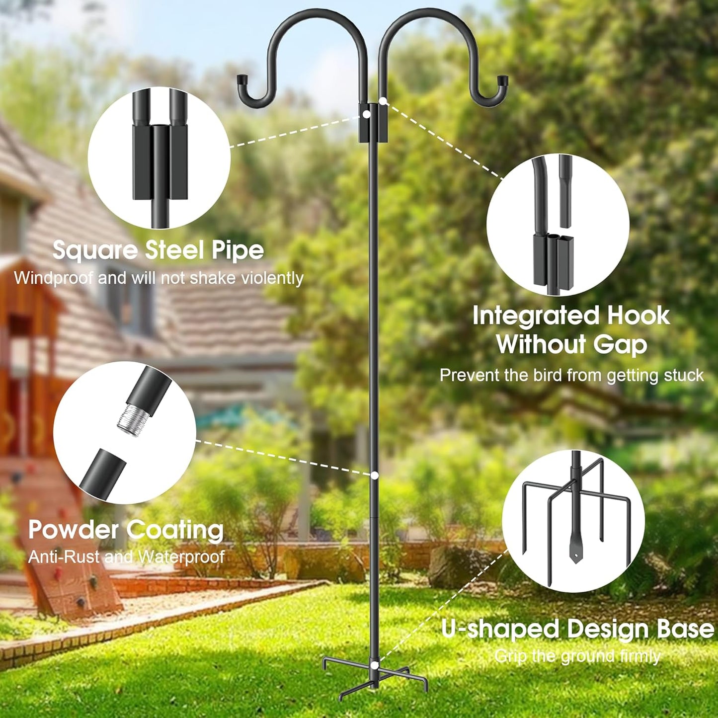 Highpro Double Shepherds Hooks for Outdoor, 2 Pack 79 Inch Heavy Duty Garden Pole for Hanging Bird Feeder, Bird Feeder Hook Plant Baskets,Garden Plant Hanger Stands with 5 Base Prongs