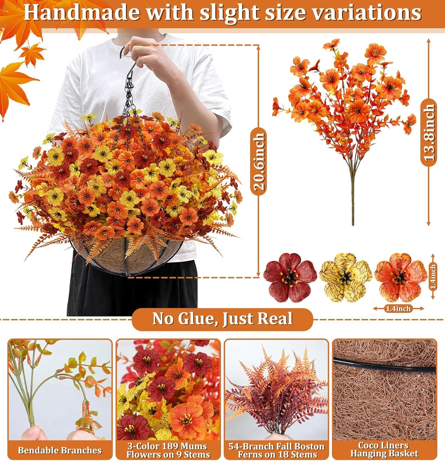 Artificial Fake Hanging Baskets Fall Flowers for Outdoors Decoration, 189 Silk Mums & 54 Boston Ferns UV Resistant Look Real Faux Plants for Outside Yard Patio Porch Garden Balcony Home Autumn Decor