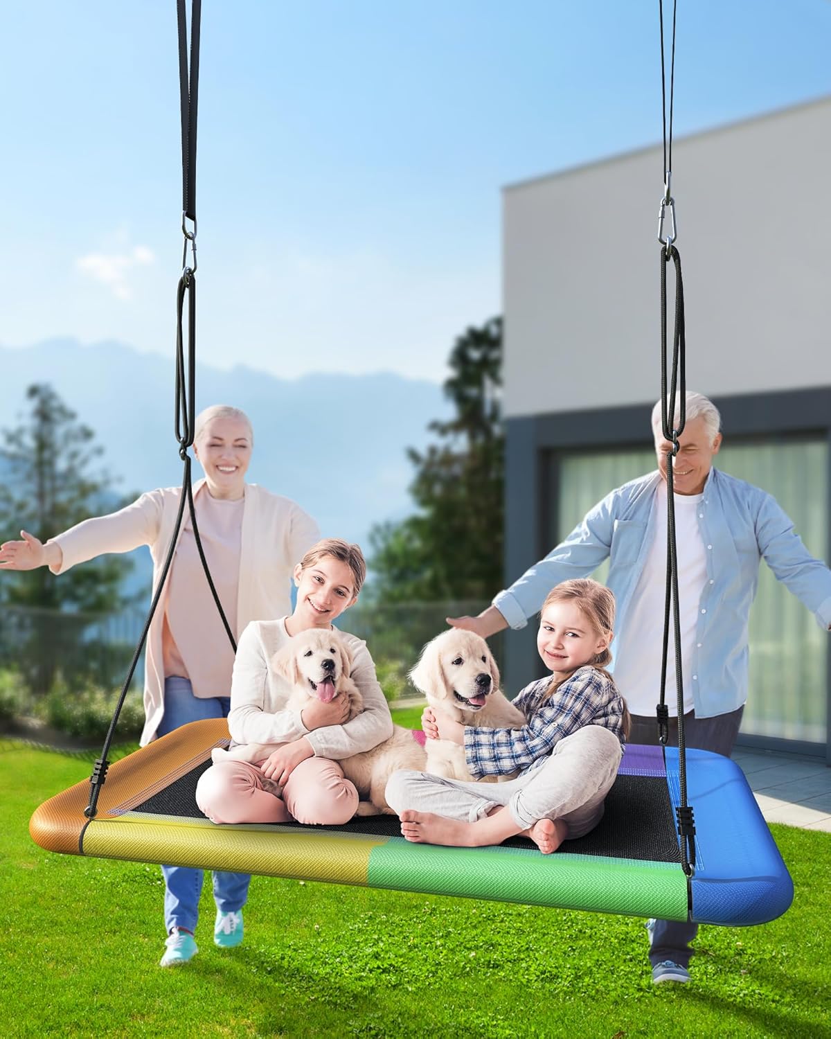 Tree Swing for Kids and Adults, 60" Waterproof Rectangle Platform Swing, 700lbs Heavy Duty with Adjustable Straps, Rainbow