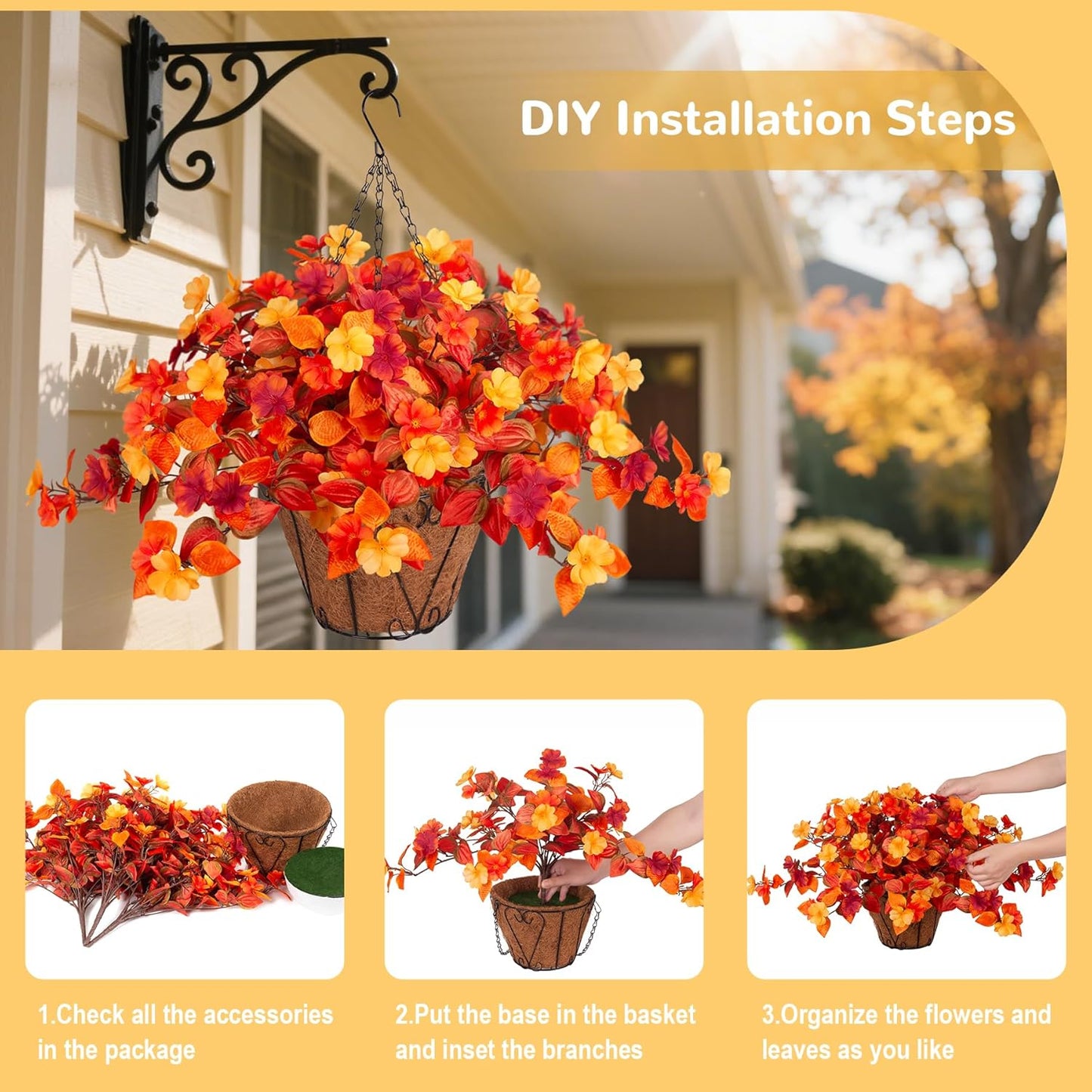 Hanging Artificial Fall Flowers Basket for Outdoors Outside 3PCS Fake Plants Faux Orange Fall Flowers for Outdoors Planters UV Resistant Silk Flowers for Home Porch Patio Garden Autumn Decoration