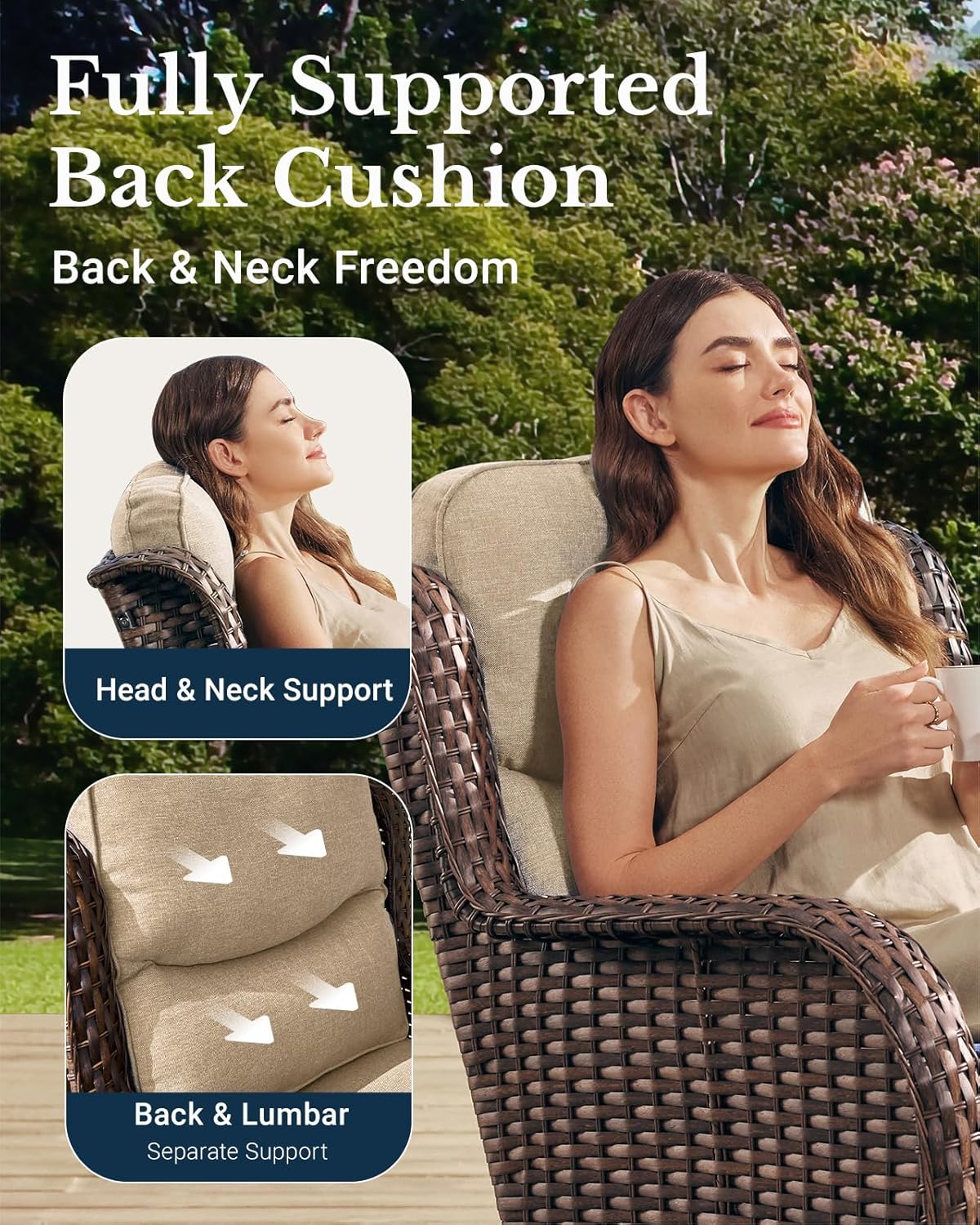 HILLGA Luxury Patio Furniture Set with 6-inch Thick Cushion, Outdoor Couch and High Back Swivel Rocker Patio Chairs, 6PCS Wicker Conversation Set for Deck Yard and Poolside, Beige (V2)