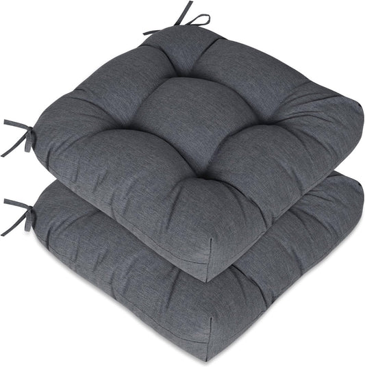 Aoodor 19" x 19" x 5" Tufted Outdoor Chair Cushions, Water Resistant & Fade Resistant Polyester Dining Chair Pads with 2 Straps for Patio Furniture, Set of 2