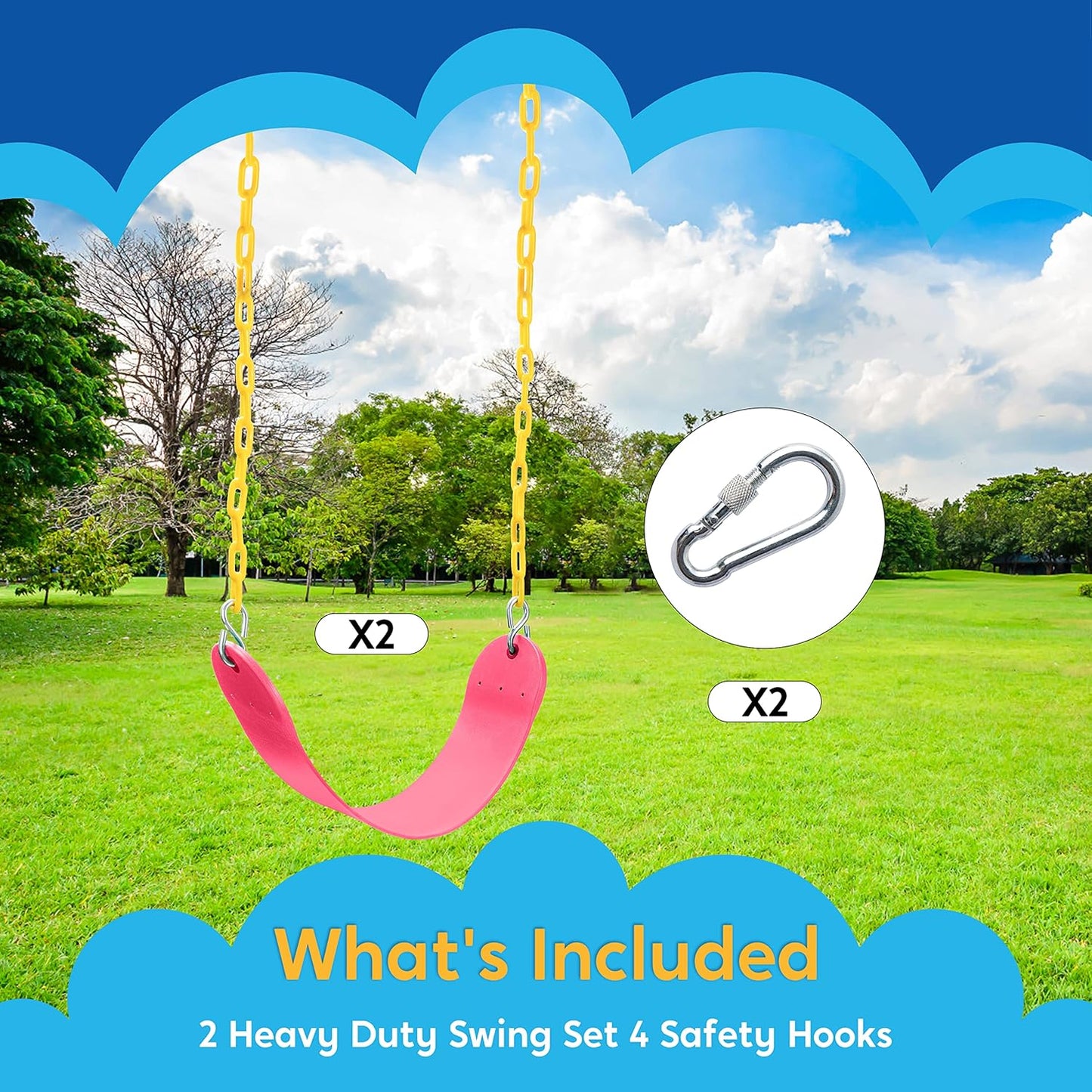 TURFEE 2 Packs Heavy Duty Swing Seat, Swing Set Accessories Replacement with 4 Snap Hooks for Kids Outdoor Play Playground, Trees, Swingsets, Playground(Pink)