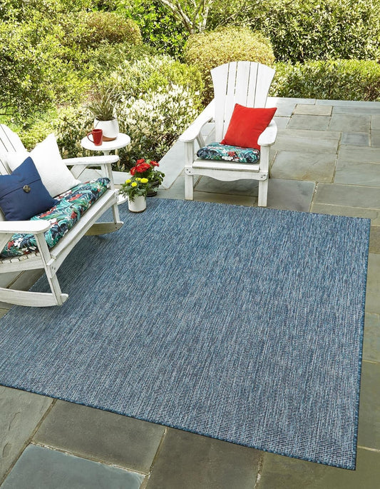 Unique Loom Collection Casual Transitional Solid Heathered Indoor/Outdoor Flatweave Area Rug (13' Square, Blue/Navy Blue)