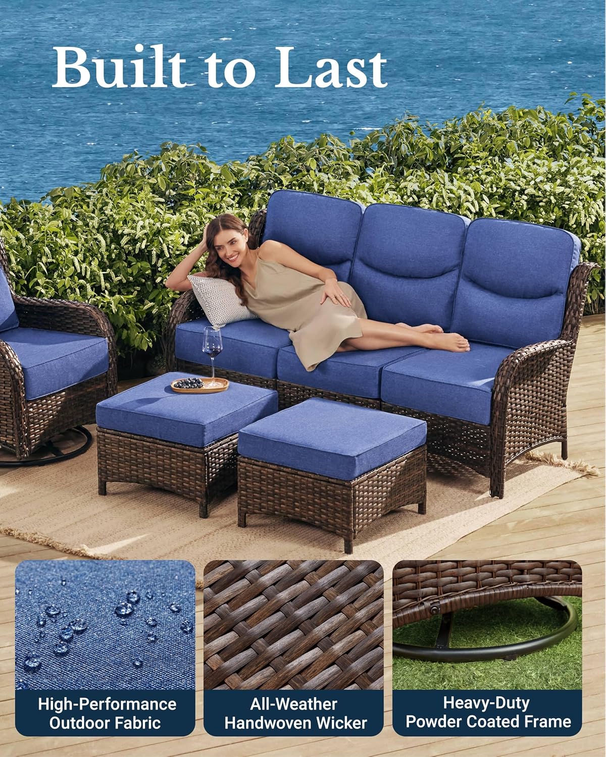 HILLGA Luxury Patio Furniture Set with 6-inch Thick Cushion, Outdoor Sectional Sofa and High Back Swivel Rocker Patio Chairs, 7PCS Wicker Conversation Set for Deck Yard and Pool, Blue (V2)