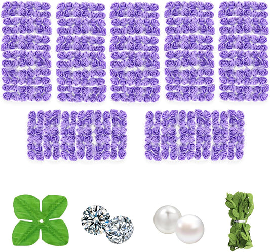500 Pcs 0.6 Inch Mini Artificial Flowers Head Bulk 5 in 1 Set Faux Foam Fake Small Rose Tiny Baby Flores Bouquet Wreath Gift Hair Clip Home Decoration DIY Craft (Purple)