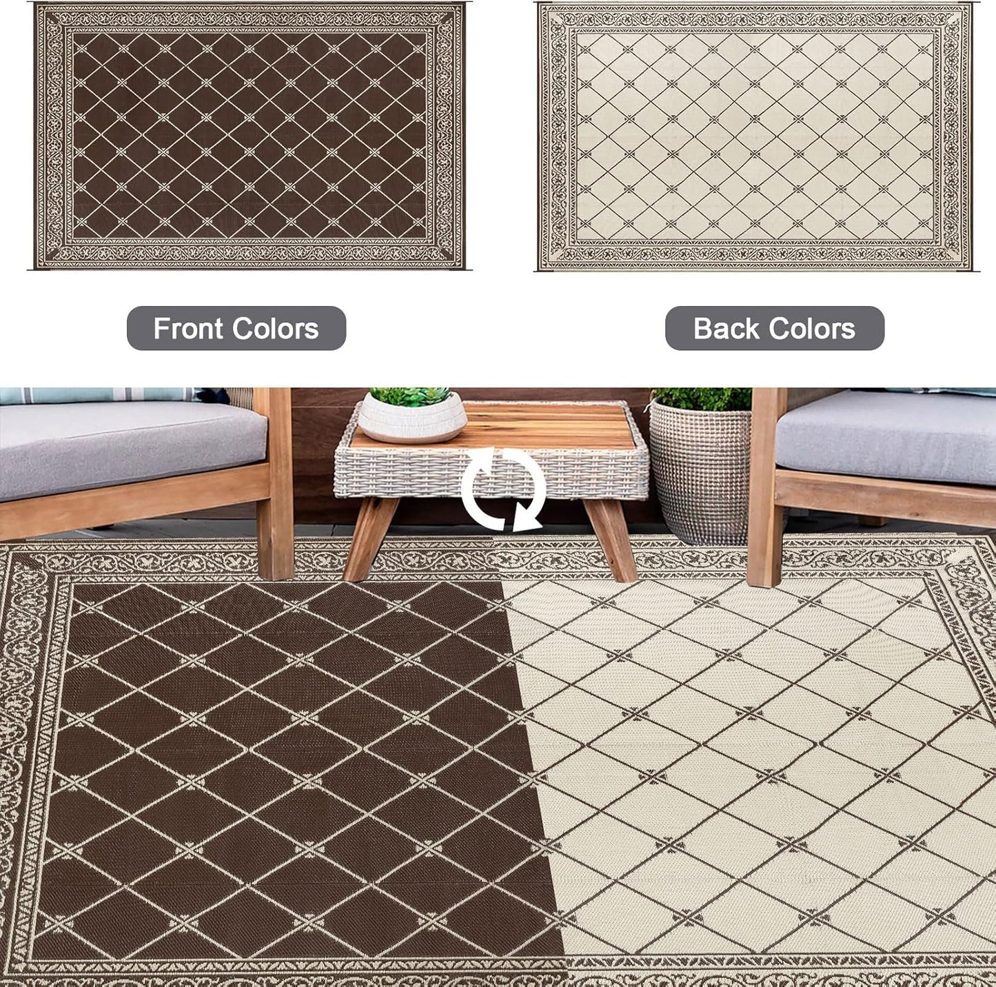 HiiARug Outdoor Rugs 9x12 for Patios Clearance Brown Camping Rug for RV Outside, Reversible Waterproof Plastic Straw Rug Large Outdoor Rug for Porch Beach Picnic Camper