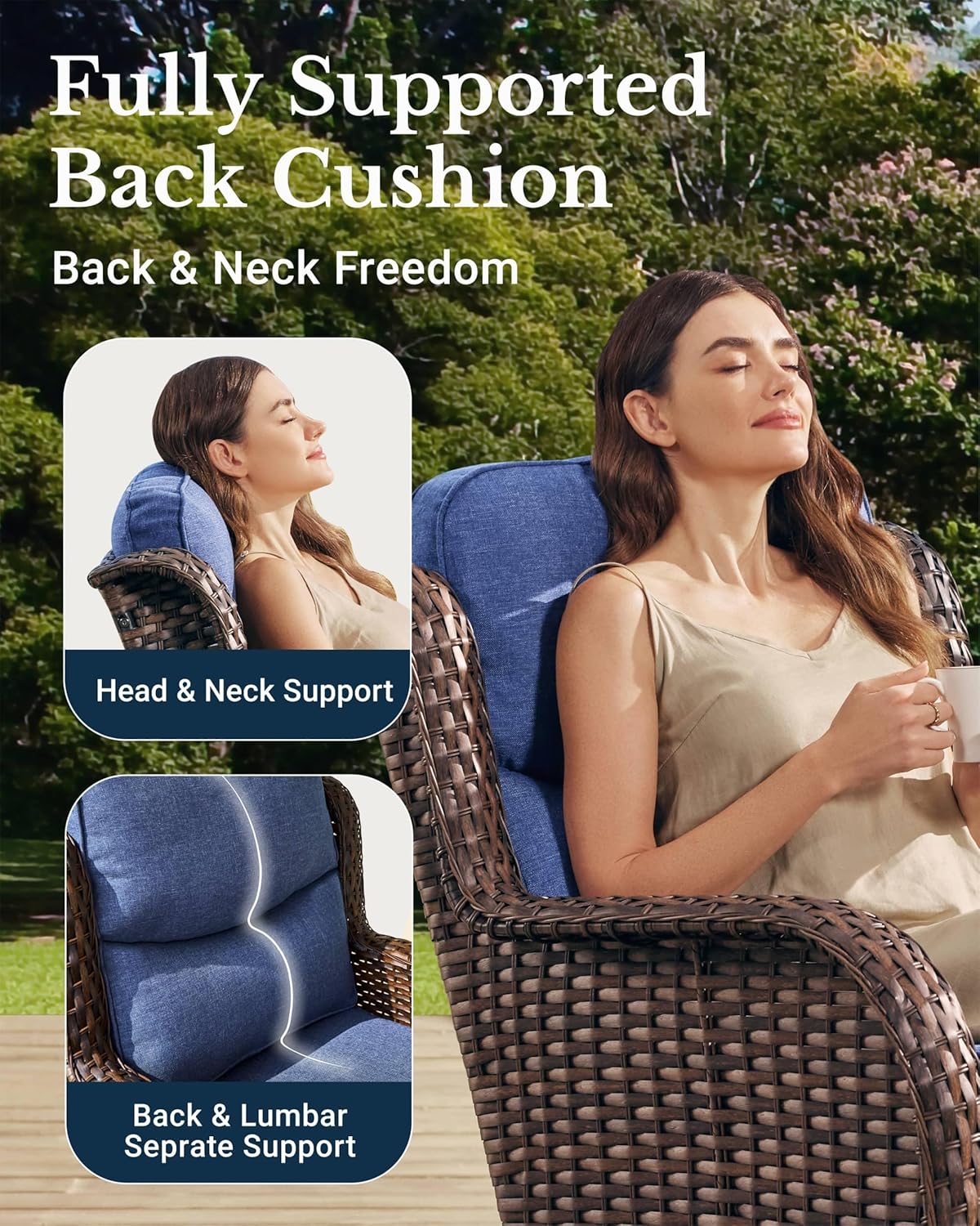 HILLGA Luxury Patio Furniture Set with 6-inch Thick Cushion, Outdoor High Back Swivel Rocker Patio Chairs, 3PCS Wicker Conversation Set for Deck Yard and Poolside, Blue (V2)