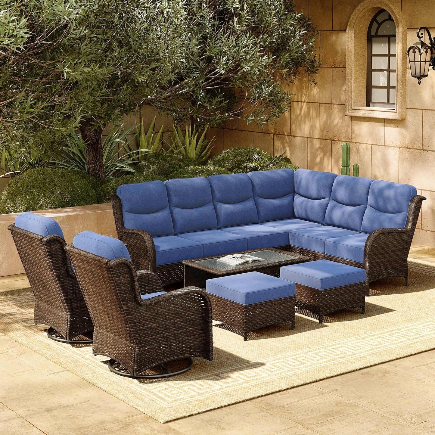 HILLGA Luxury Patio Furniture Set with 6-inch Thick Cushion, Outdoor Sectional Sofa and High Back Swivel Rocker Patio Chairs, 7PCS Wicker Conversation Set for Deck Yard and Pool, Blue (V2)