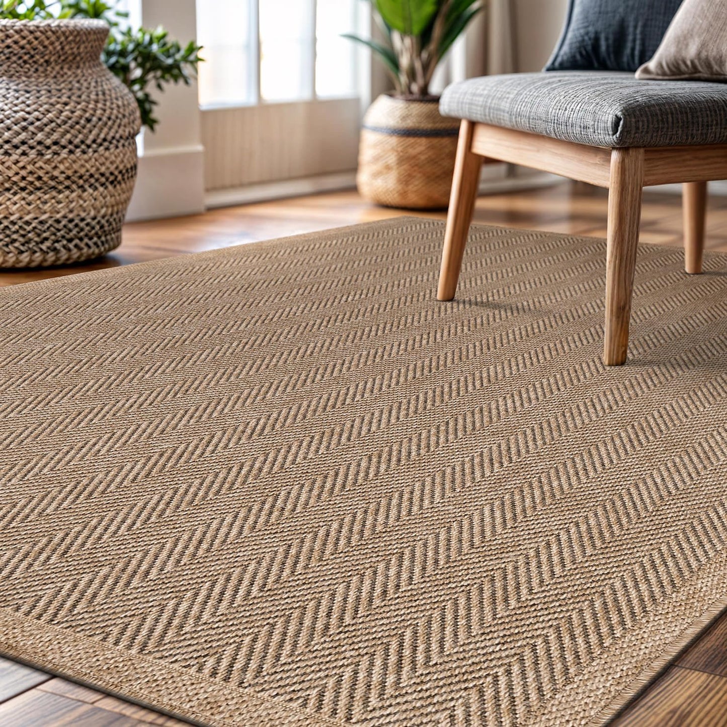 CAMILSON Easy Jute Rug 9x12, Indoor Outdoor Natural Color Fiber Area Rugs for Living Room and Patio Rug Herringbone Seagrass Boho Woven Design Easy-Cleaning Washable Outside Carpet Alfombras 9 x 12