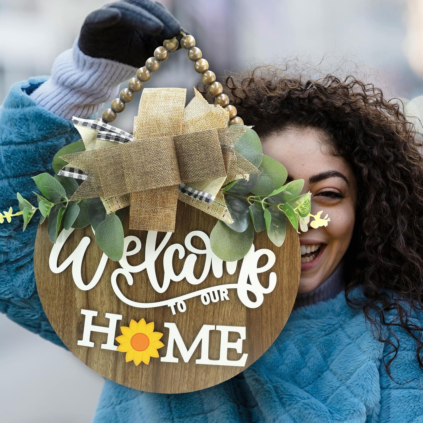 interchangeable 3D Welcome Sign for Front Door |Home/Farmhouse Porch Décor Wooden Hanging Sign with Artificial Leaves and Rustic Beads | Christmas Classroom |12" Round