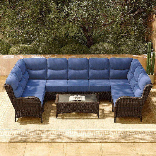 HILLGA Luxury Patio Furniture Set with 6-inch Thick Cushion, Outdoor Sectional Sofa and Coffee Table, 2PCS Wicker Conversation Set for Deck Yard and Poolside, Blue (V2)