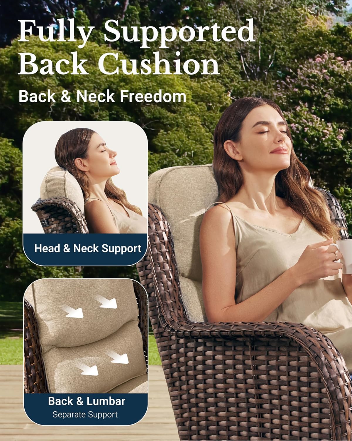 HILLGA Luxury Outdoor Swivel Rocker Patio Chairs of 2 with 6 Inch Thick Cushions and Side Table, Swivel Outdoor Chairs 5PCS High Back Wicker Patio Furniture Set for Porch, Balcony, Deck in Beige