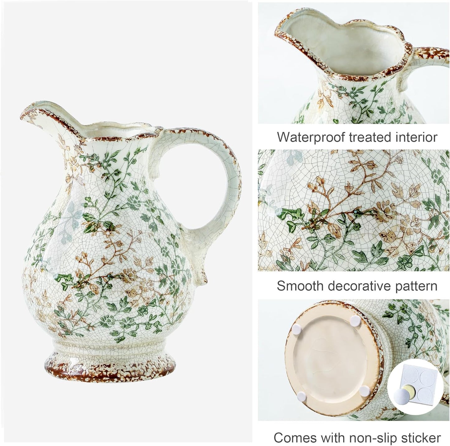 Enra Large Vintage Green Ceramic Vase and Pitcher for Home Decor, 9.7 Inch Rustic Chinoiserie Decorative Vases, Green and Beige Ceramic Vases for Living Room, Kitchen, Office – Large Vases for Decor