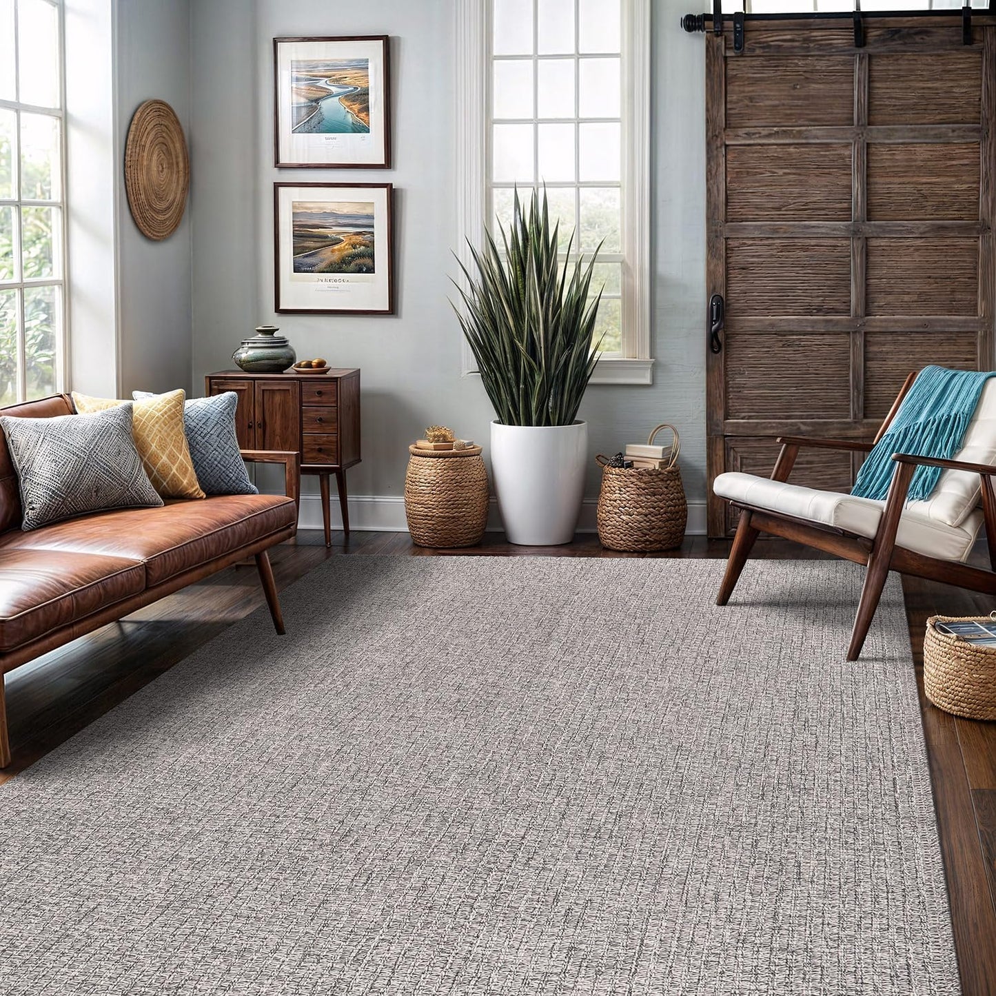 Easy Jute Rug 6x9 Indoor Outdoor Natural Rugs Solid Fiber Rug Woven Area Rug Boho Easy Clean Inside Carpet for Living Room Bedroom Dining Room Hallway or Outdoor Patio Porch (6 X 9 Silver)