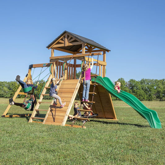 Backyard Discovery Endeavor All Cedar Wood Swing Set Playset for Backyard with Large Clubhouse Wave Slide Rope Ladder Rock Climbing Wall Wave Slide 2 Belt Swings and 1 Web Swing Gift for Ages 3-10