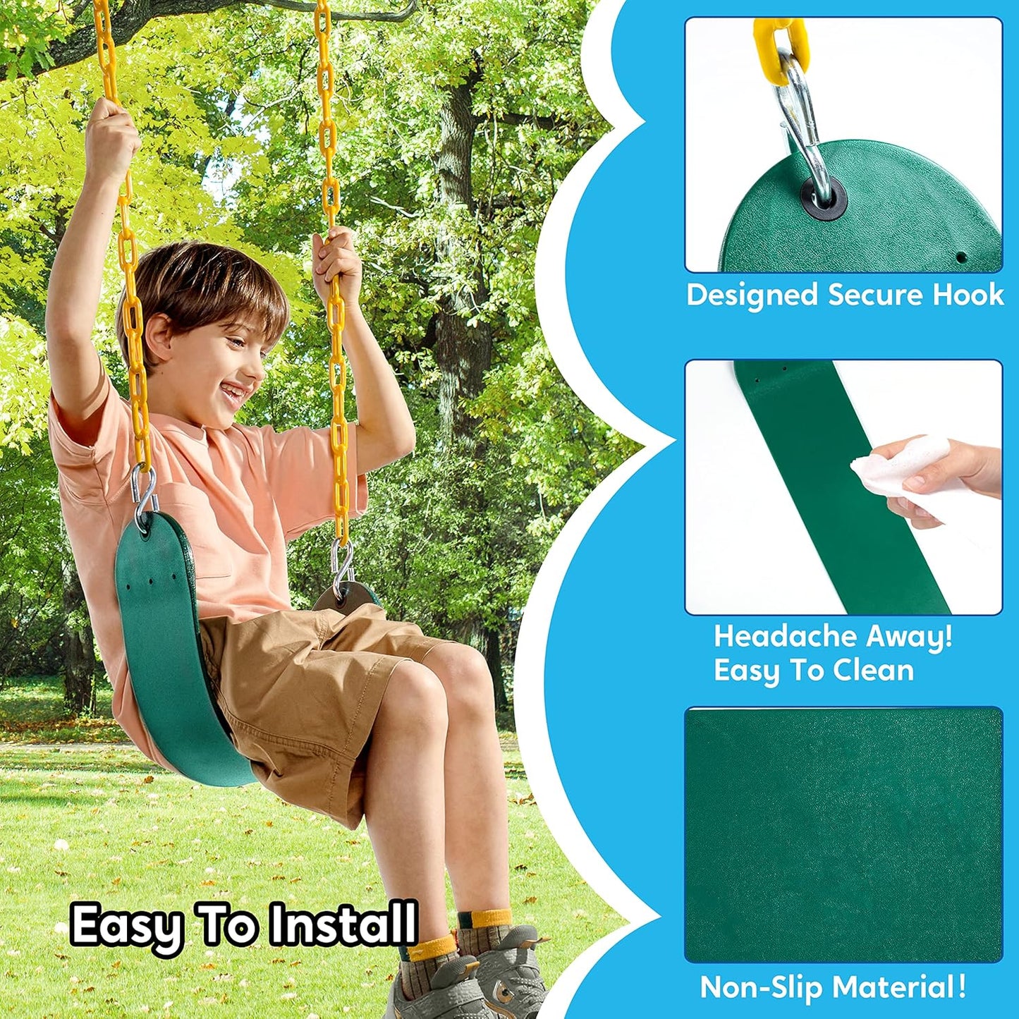 TURFEE Heavy Duty Swing Seat Green Color with 66” Chain, Swing Set Accessories Replacement with Snap Hooks for Kids Outdoor Play Playground