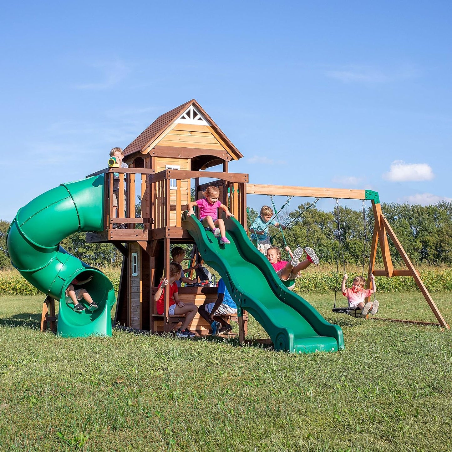 Backyard Discovery Cedar Cove Cedar Wood Swing Set with Spiral Tube Slide, Wave Slide, Clubhouse, Toy Grill, Snack Bar, Rock Wall, Belt Swings, Web Swing, Balcony, Chalkboard, Ladder, Outdoor Playset