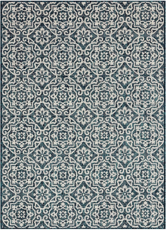 Nicole Miller New York Patio Country Julia Transitional Geometric Indoor/Outdoor Area Rug, Navy Blue/Ivory, 7'9"x10'2"