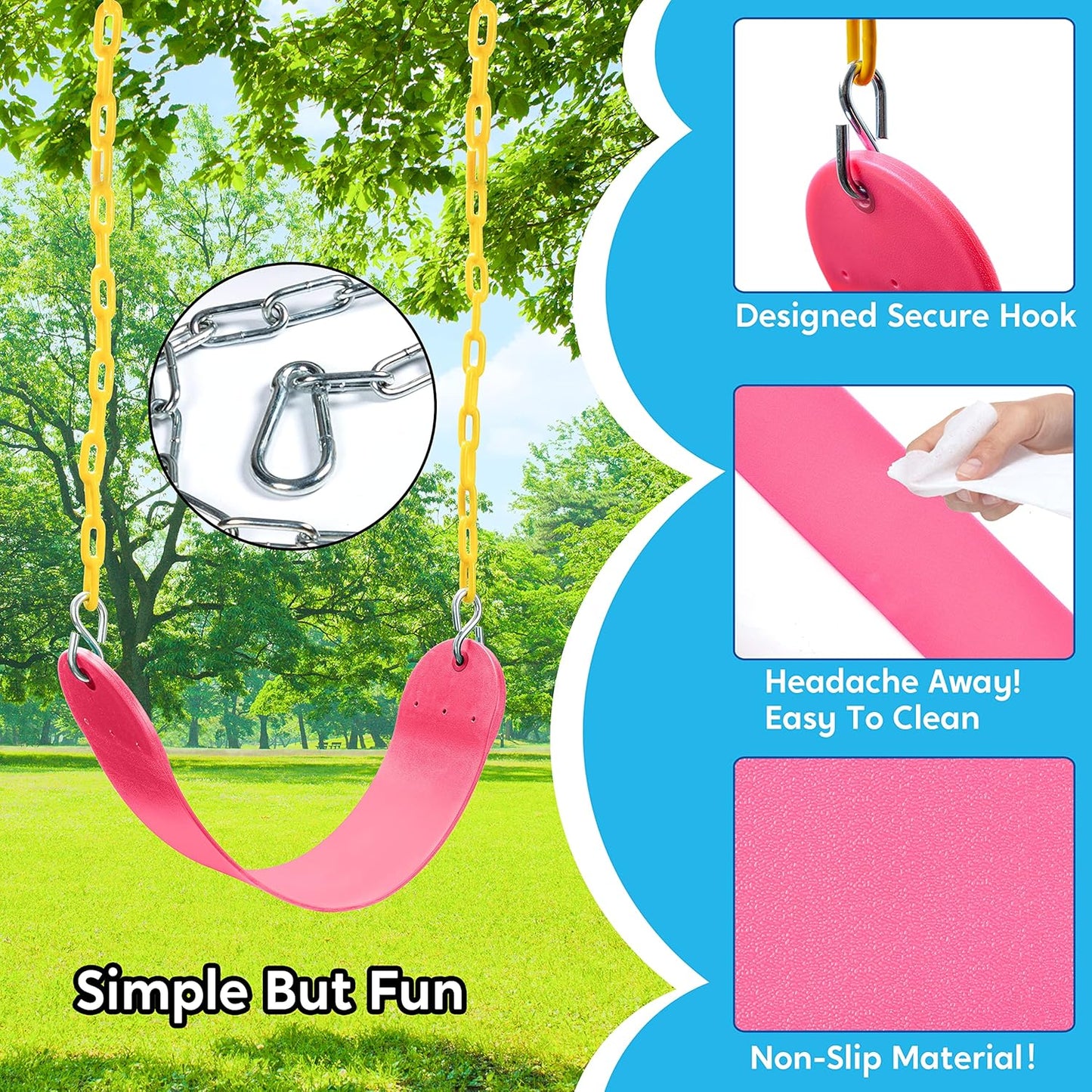 TURFEE 2 Packs Heavy Duty Swing Seat, Swing Set Accessories Replacement with 4 Snap Hooks for Kids Outdoor Play Playground, Trees, Swingsets, Playground(Pink)