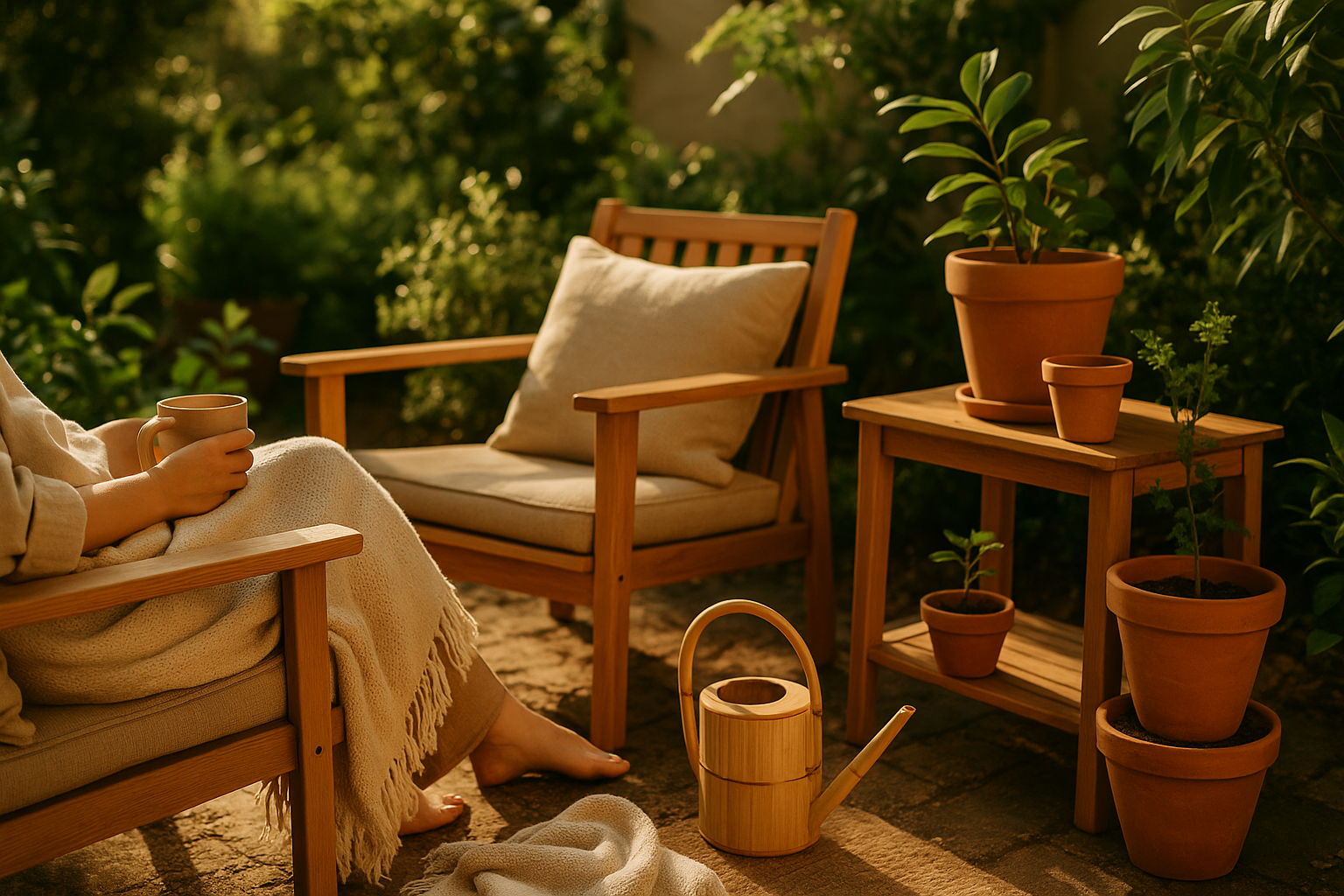 Lifestyle shots of relaxing at home and in the garden
Product-focused shots: eco-friendly accessories, garden equipment
Utilizing natural light, warm tones