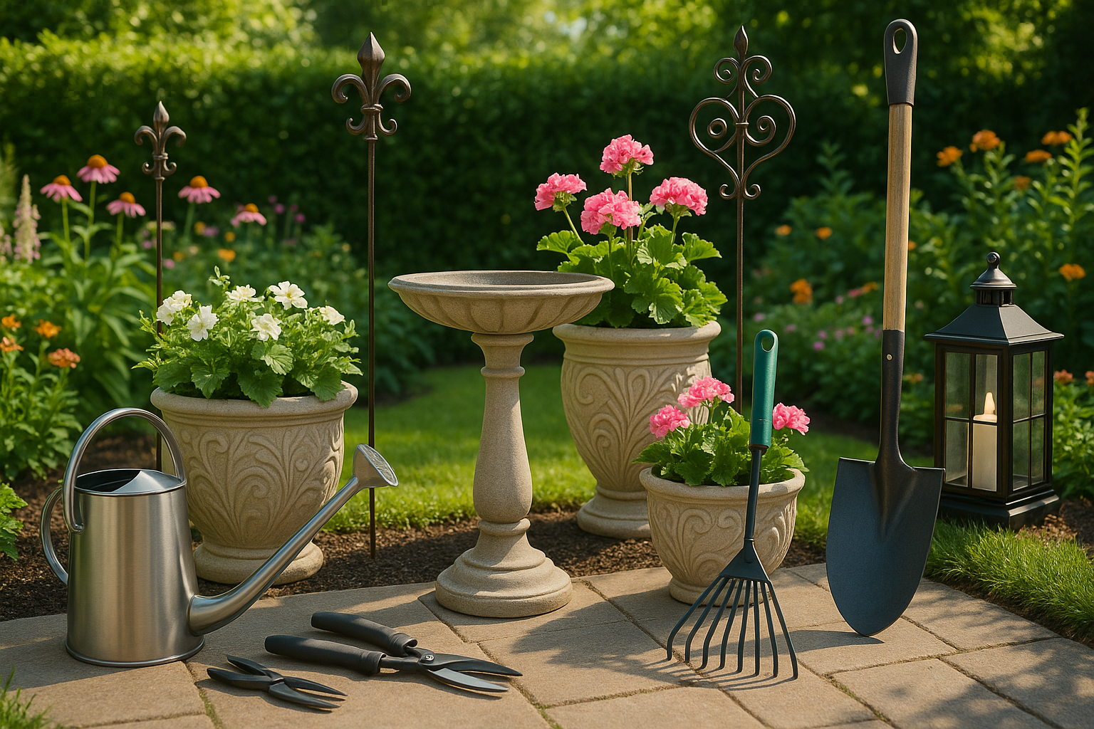 Outdoor Garden: Decorative items, garden maintenance equipment

